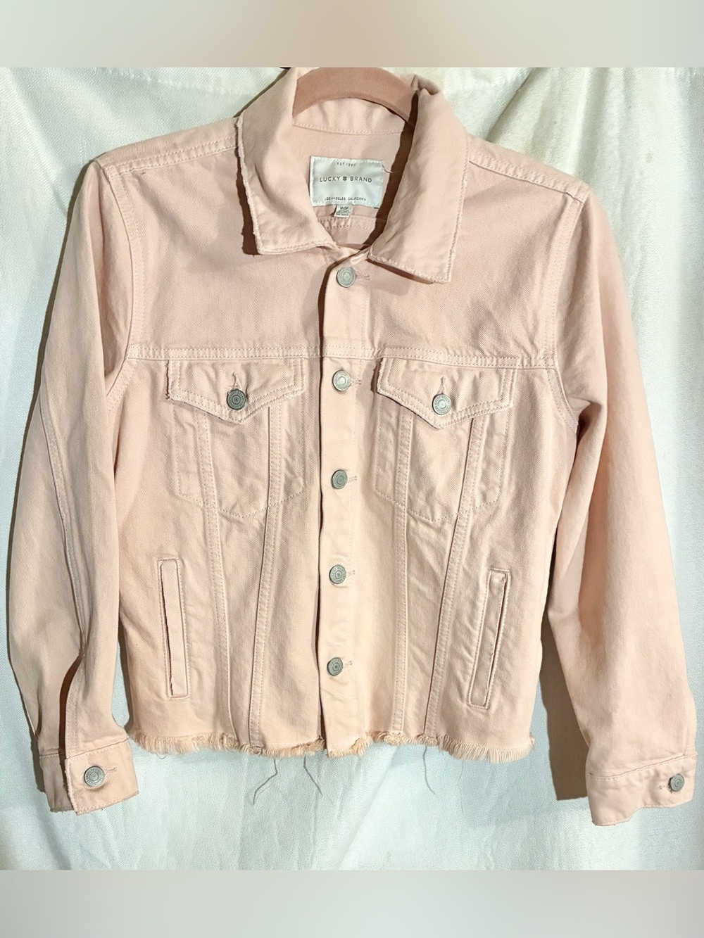 Lucky Brand The Tomboy Trucker Jean Jacket Sz M Fringe Peach Pink Stretch SU20